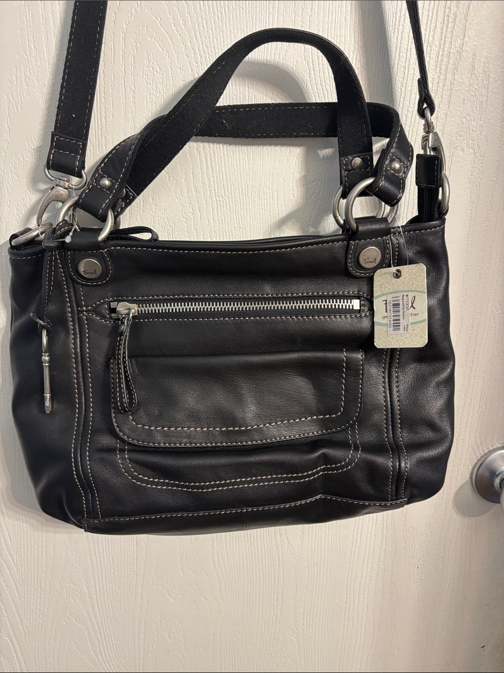 Fossil Black Leather Satchel with White Contrast Stitching